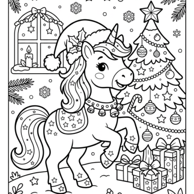 Licorne de Noël avec cadeaux à imprimer et colorier