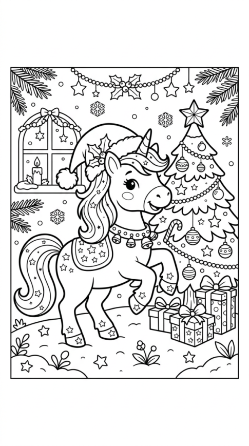 Licorne de Noël avec cadeaux à imprimer et colorier