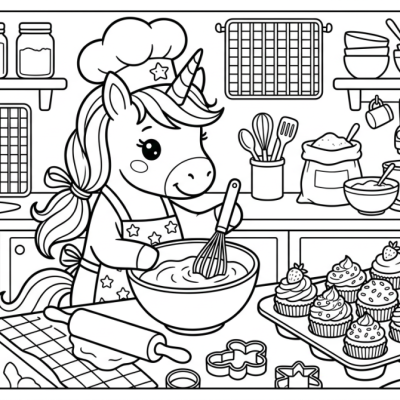 Licorne pâtissière et cupcakes à imprimer et colorier