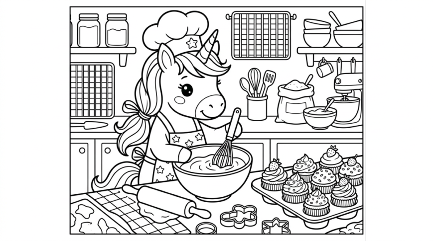 Licorne pâtissière et cupcakes à imprimer et colorier