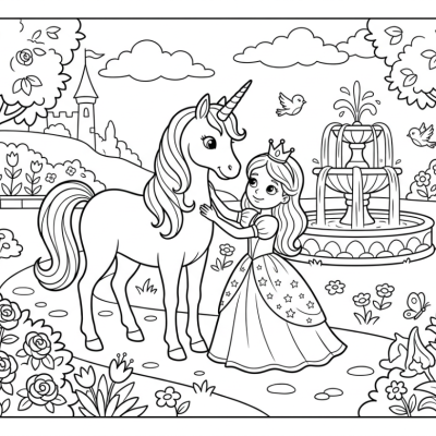 Licorne et princesse au jardin à imprimer et colorier