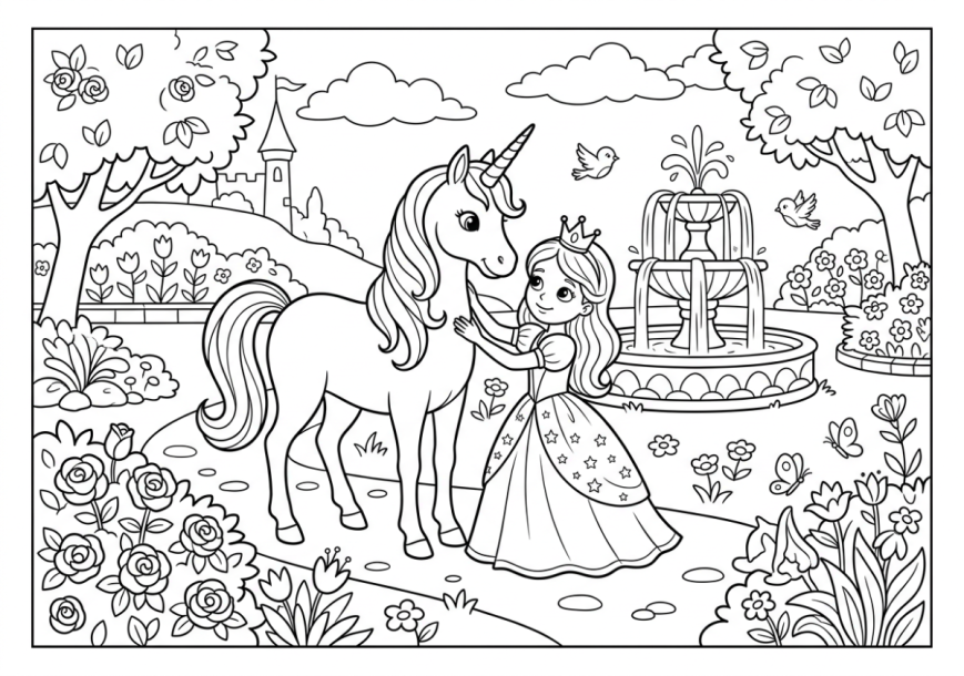 Licorne et princesse au jardin à imprimer et colorier