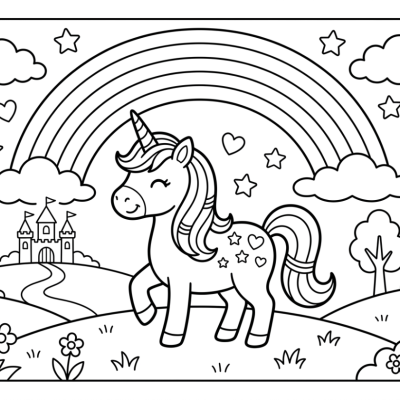 Licorne sous un arc-en-ciel à imprimer et colorier
