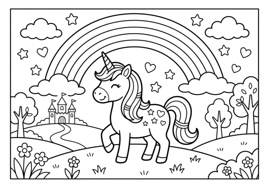 Licorne sous un arc-en-ciel à imprimer et colorier