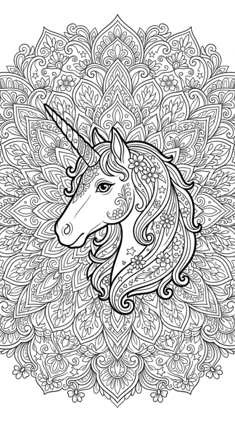 Mandala tête de licorne à imprimer et colorier