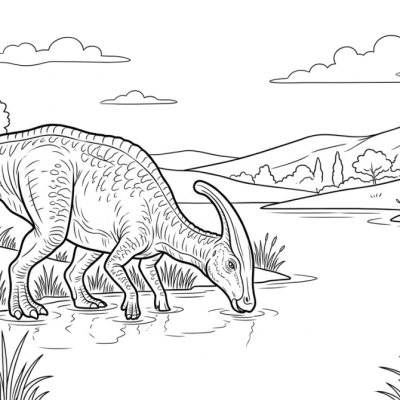 Un parasaurolophus boit dans un lac calme bordé de roseaux.