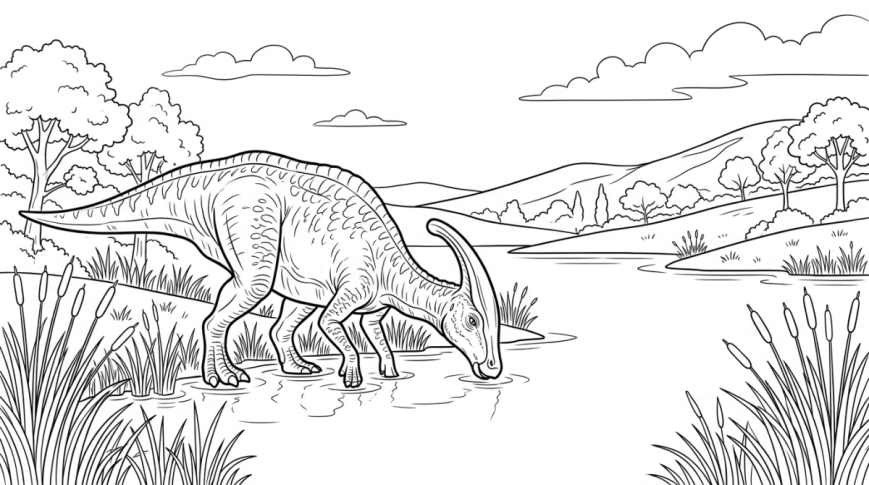 Un parasaurolophus boit dans un lac calme bordé de roseaux.