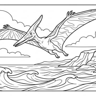 Un ptéranodon plane au-dessus des vagues avec des falaises au loin.