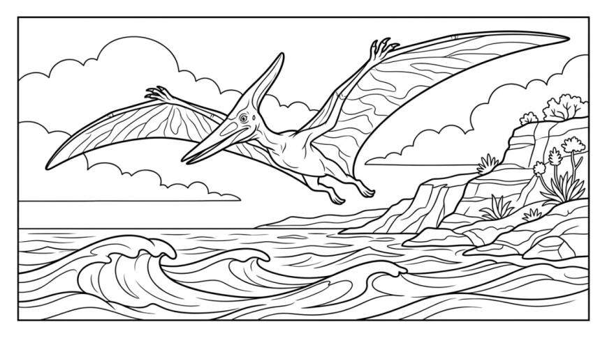 Un ptéranodon plane au-dessus des vagues avec des falaises au loin.
