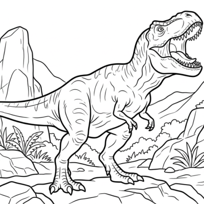 Un tyrannosaure de profil rugit entre des rochers et de grandes fougères.