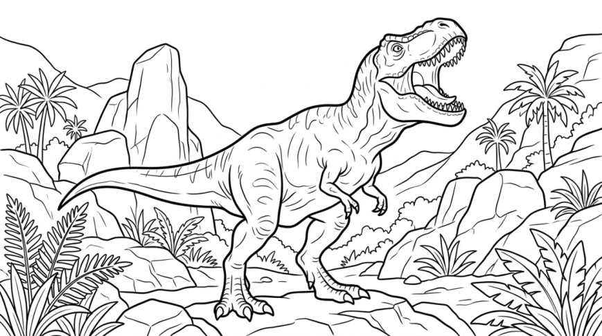 Un tyrannosaure de profil rugit entre des rochers et de grandes fougères.