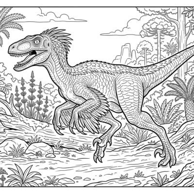 Un vélociraptor court entre des troncs couchés et des plantes préhistoriques.