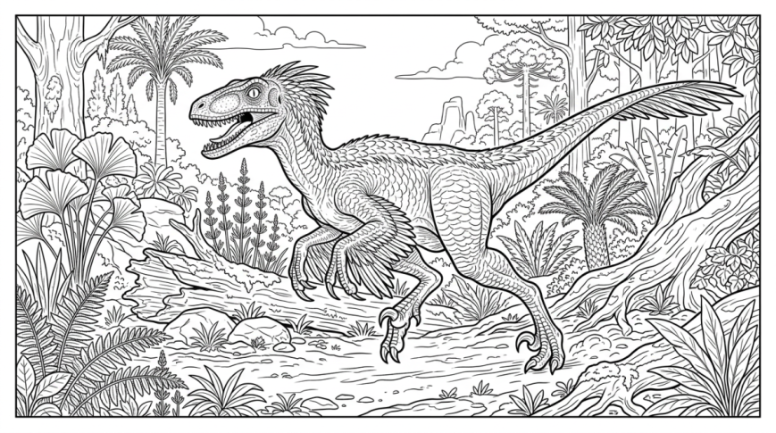 Un vélociraptor court entre des troncs couchés et des plantes préhistoriques.